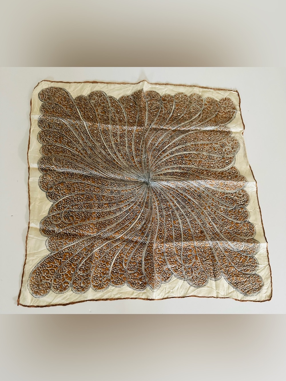 Embroidered Floral Swirl Silk Scarf in Camel and Cream vtg